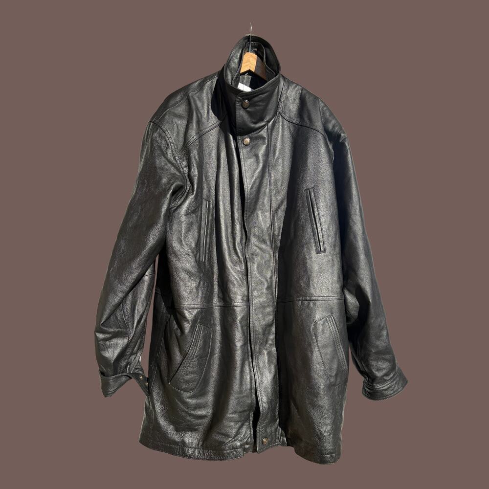 Charles Klein Leather Coat | Black Oversized Longline | XL Tall | Vintage